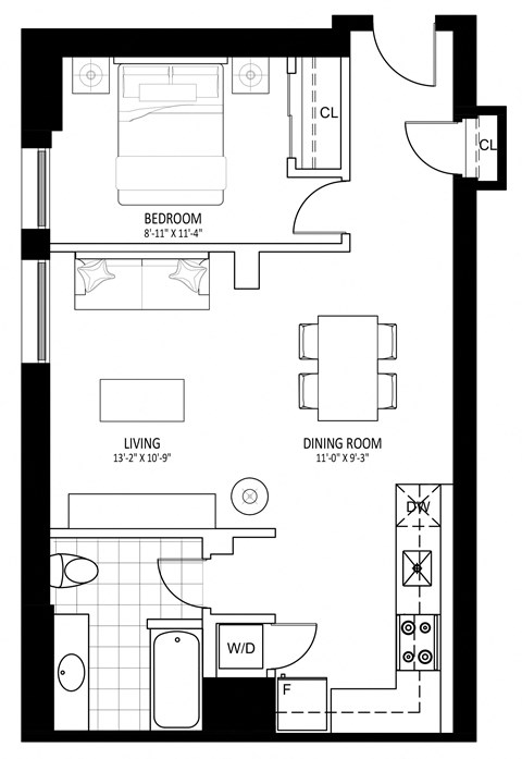 Floor plan for 1 bed, 1 bath, 620 sqft